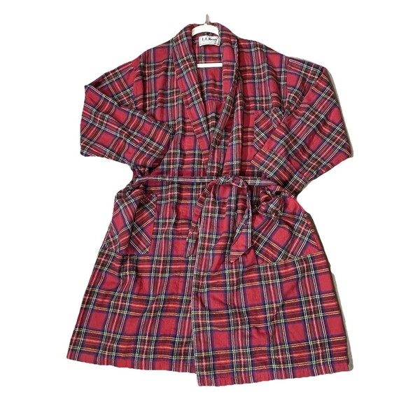 Vintage 90s LL Bean Men Robe Scotch Plaid Flannel Pockets Belted Red Green Large - Picture 1 of 13